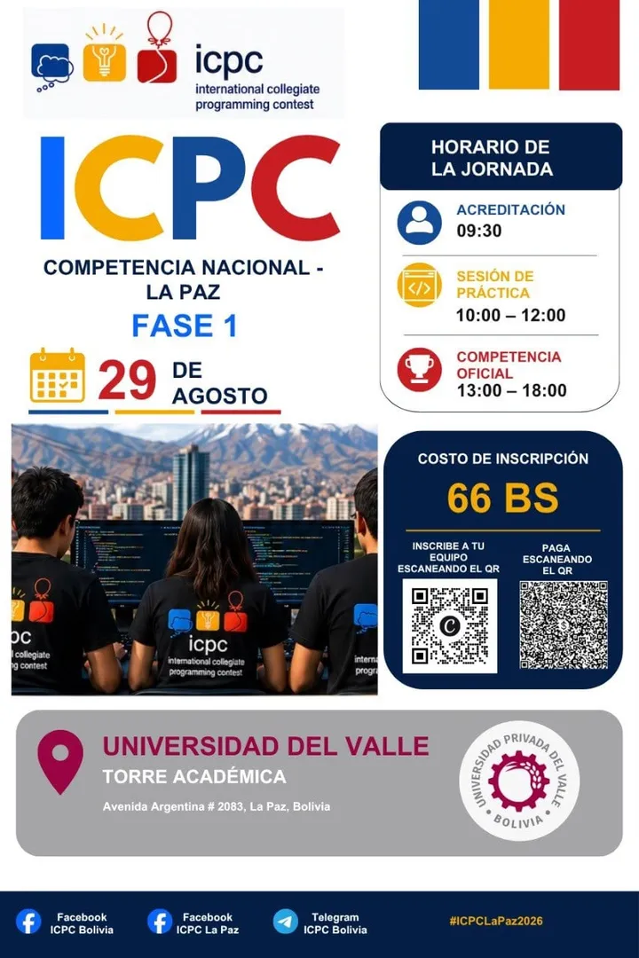Afiche de la sede La Paz. Competencia Nacional La Paz, Fase 1, 29 de agosto. Horario de la jornada: acreditación 09:30, sesión de práctica 10:00 a 12:00, competencia oficial 13:00 a 18:00. Costo de inscripción 66 Bs, con códigos QR para inscribir al equipo y para pagar. Universidad del Valle, Torre Académica, avenida Argentina 2083, La Paz.